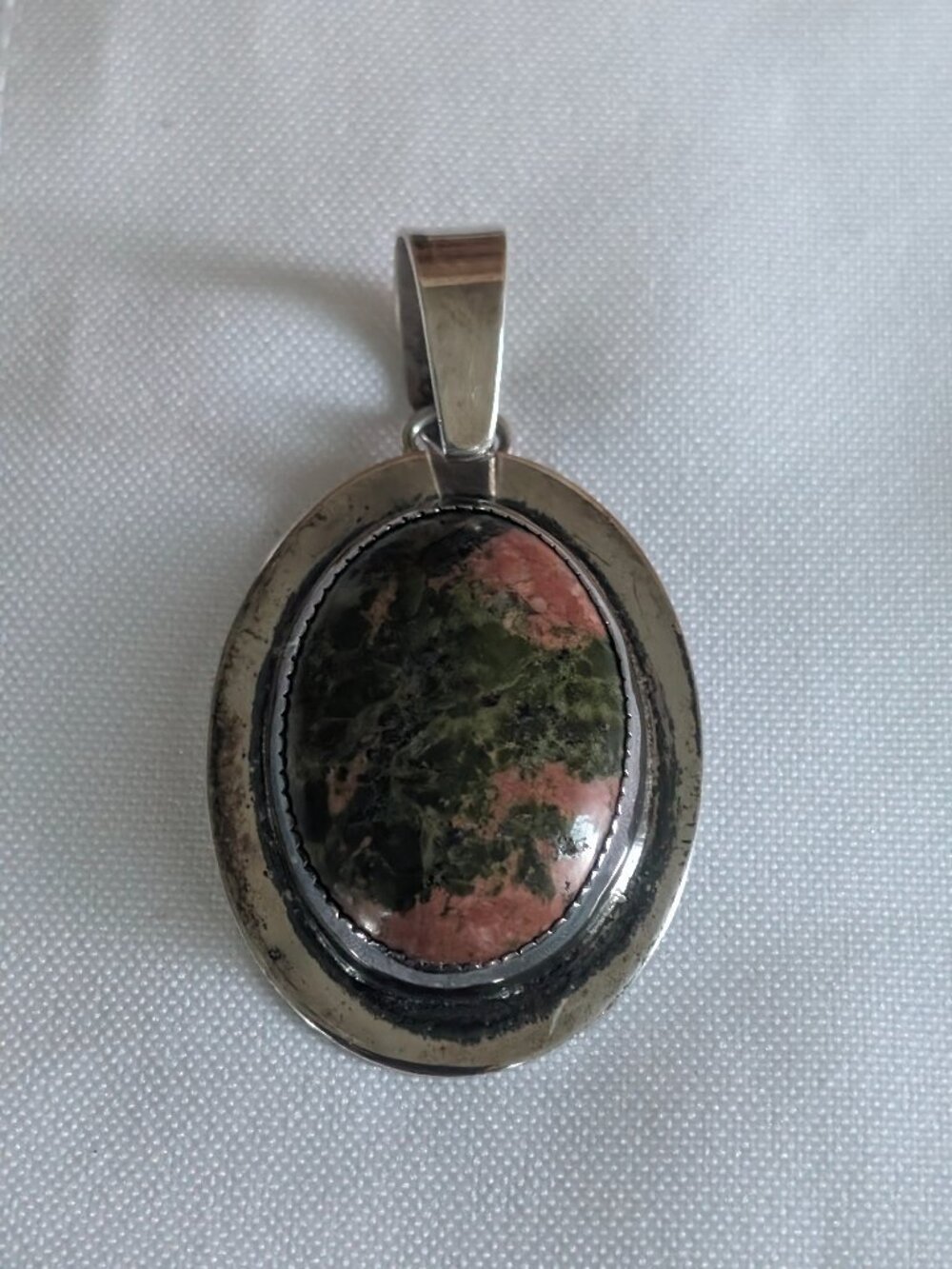 Vintage Signed KP Sterling Silver Bezel Set Unakite Cabochon Pendant